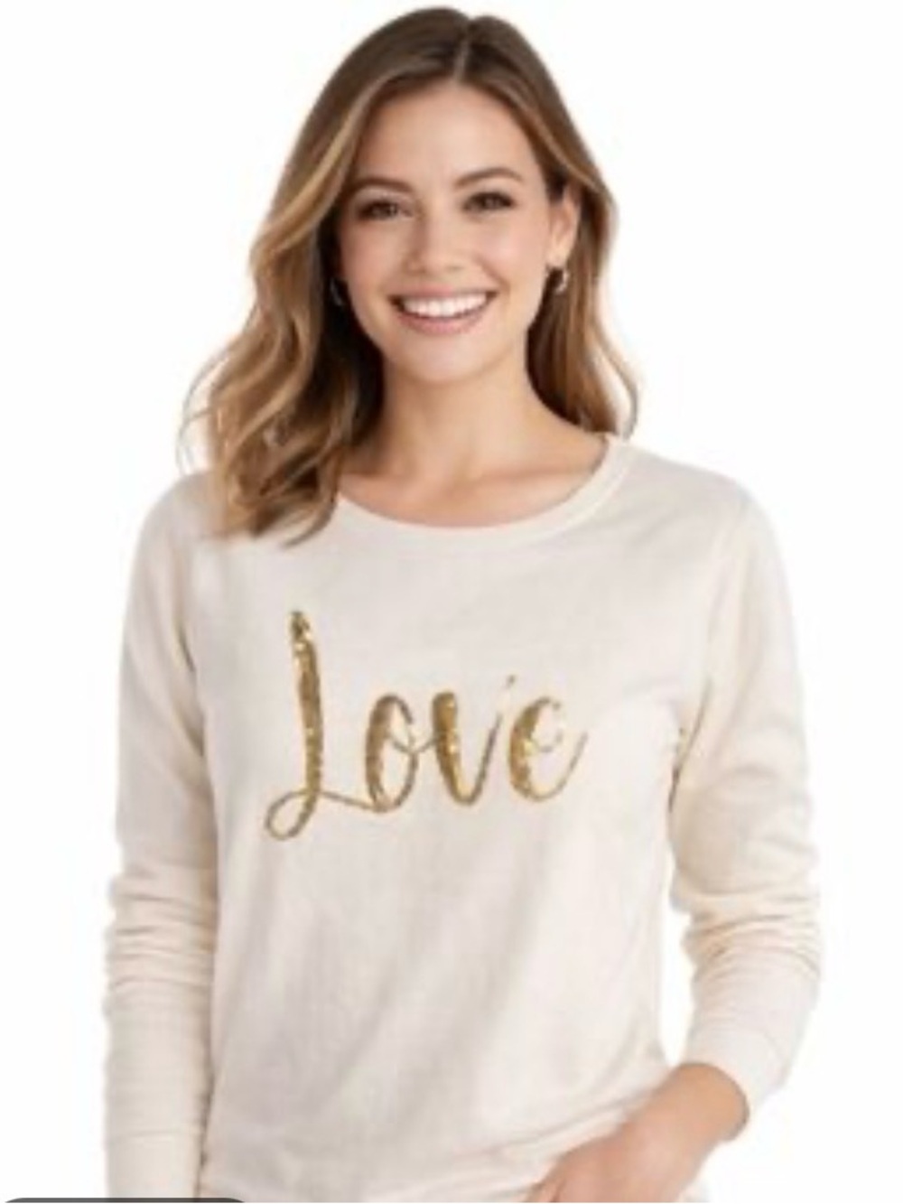 Jane & Delancey cream long sleeve top w/ a gold sequined "love" graphic.NWT